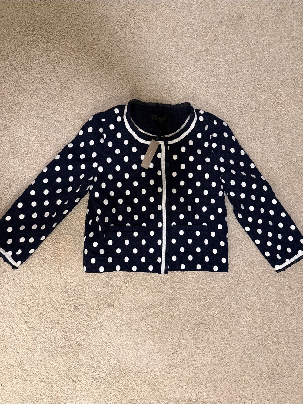 NWT J.Crew Navy Jacket in white polka-dot textured tweed | Size 4 - Picture 2 of 12